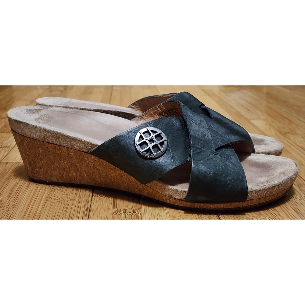 UGG Lyra Black Leather Cork Wedge Strappy Sandals Womens 8 1009854